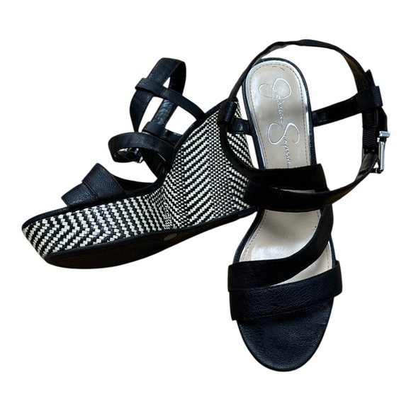 Jessica Simpson women’s black chevron pattern wedge heels sandals size - Picture 1 of 5